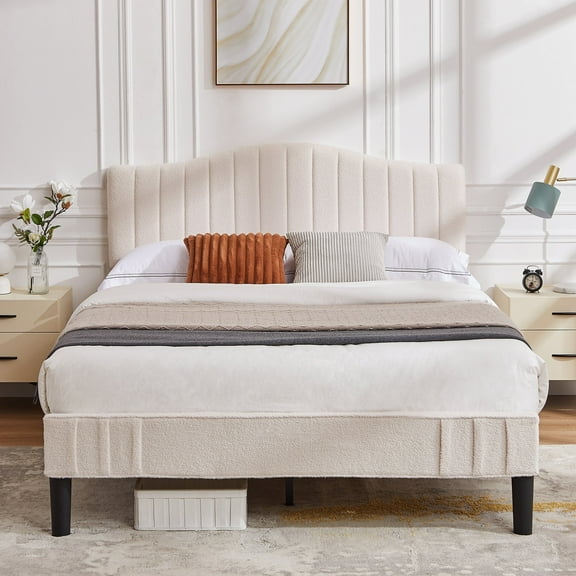 VECELO Queen Size Bed Frame with Upholstered Flannel Fabric Adjustable Headboard, Strong Wood Slats Supports, No Box Spring Needed, Beige