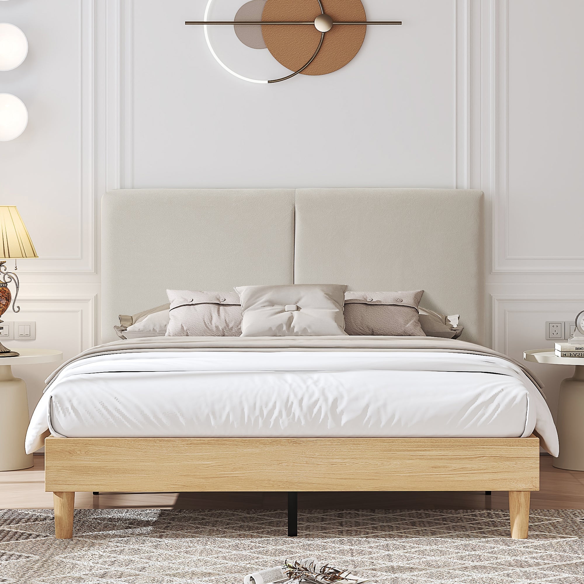 VECELO Queen Size Bed Frame with Upholstered Linen Fabric Adjustable Headboard, Strong Wood Slats Supports, No Box Spring Needed, Beige