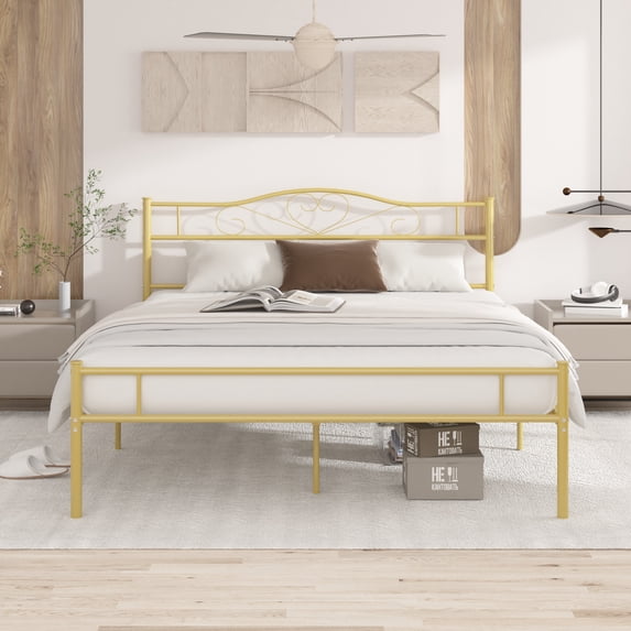 VECELO Queen Metal Bed Frame with Victorian Style Headboard and Footboard, Modern Heavy Duty Platform Bed Frame with Metal Slats Support, No Box Spring Needed, Gold