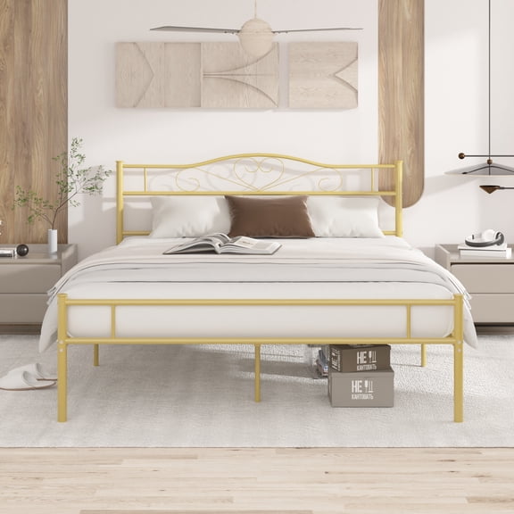 VECELO Queen Metal Bed Frame with Victorian Style Headboard and Footboard, Modern Heavy Duty Platform Bed Frame with Metal Slats Support, No Box Spring Needed, Gold