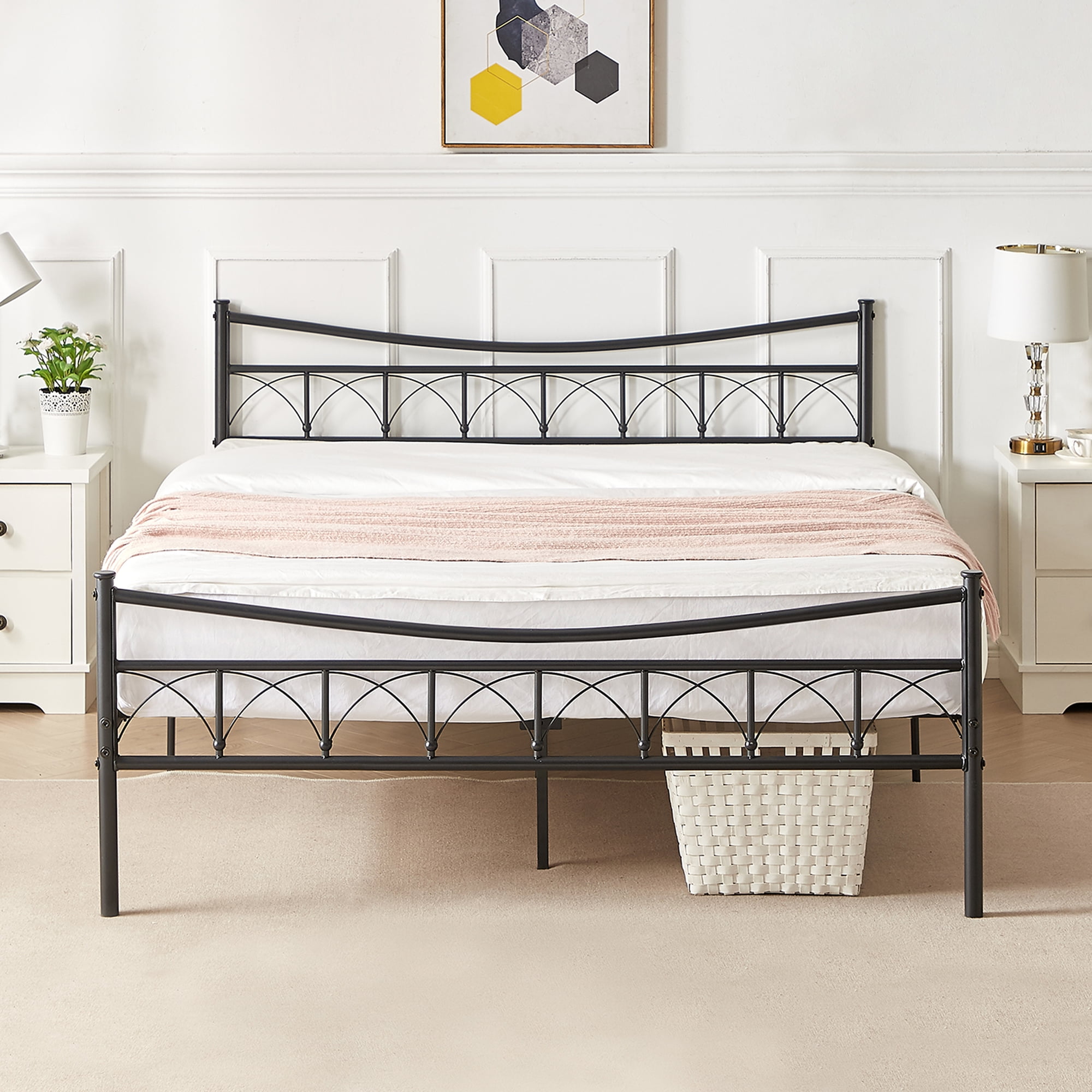 VECELO Queen Size Metal Bed Frame with Curved Headboard and Footboard