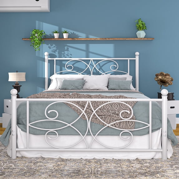 VECELO Queen Size Metal Bed Frame with Headboard and Footboard, Heavy Duty Platform Bed, No Box Spring Needed, White