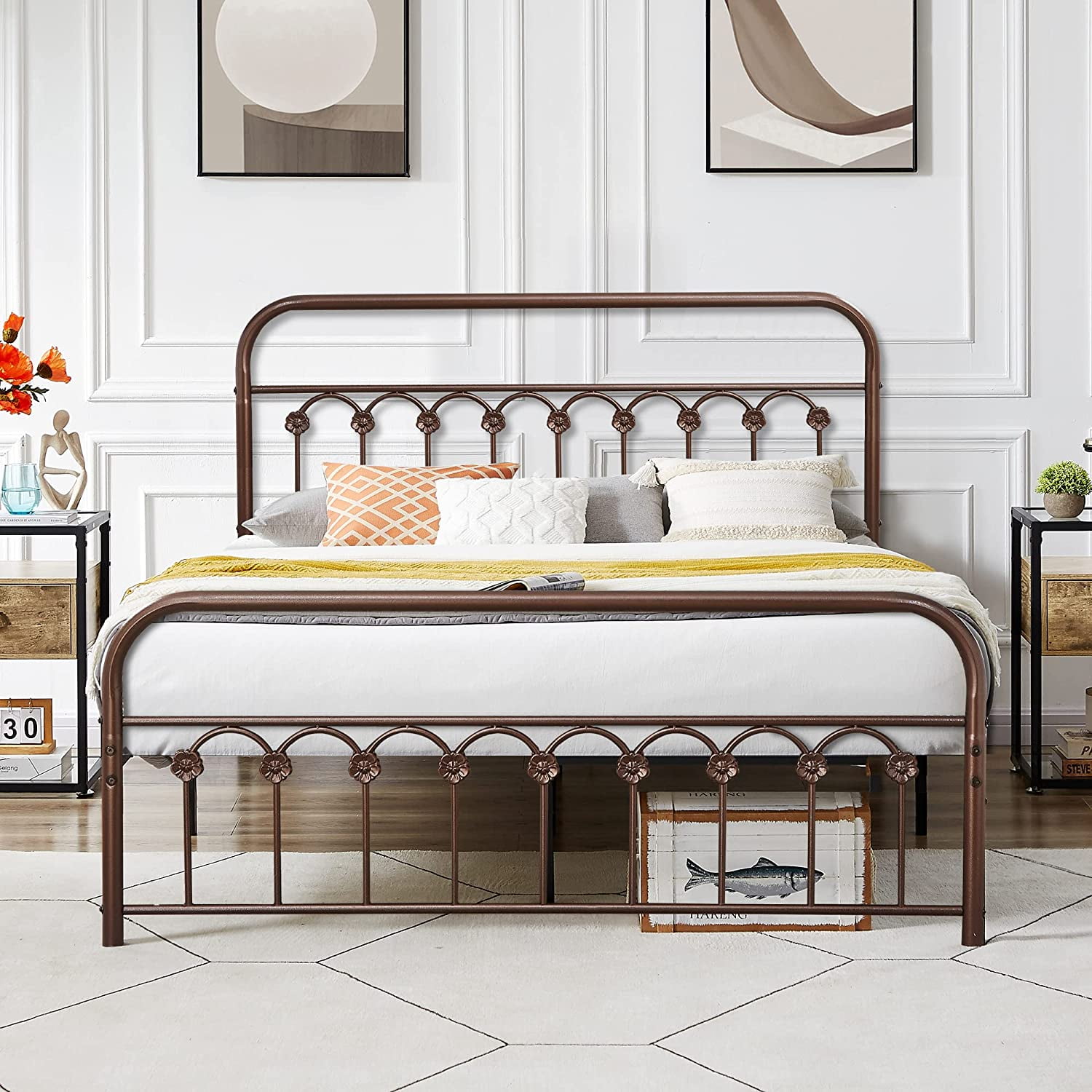 VECELO Queen Size Metal Bed Frame with Headboard and Footboard, Modern Platform Bed with Strong