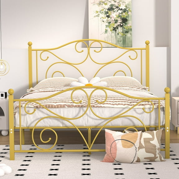 VECELO Queen Size Metal Platform Bed Frame with Arched Headboard and Footboard, Heavy Duty Steel Slat Support, Under-Bed Storage, No Box Spring Needed, Gold