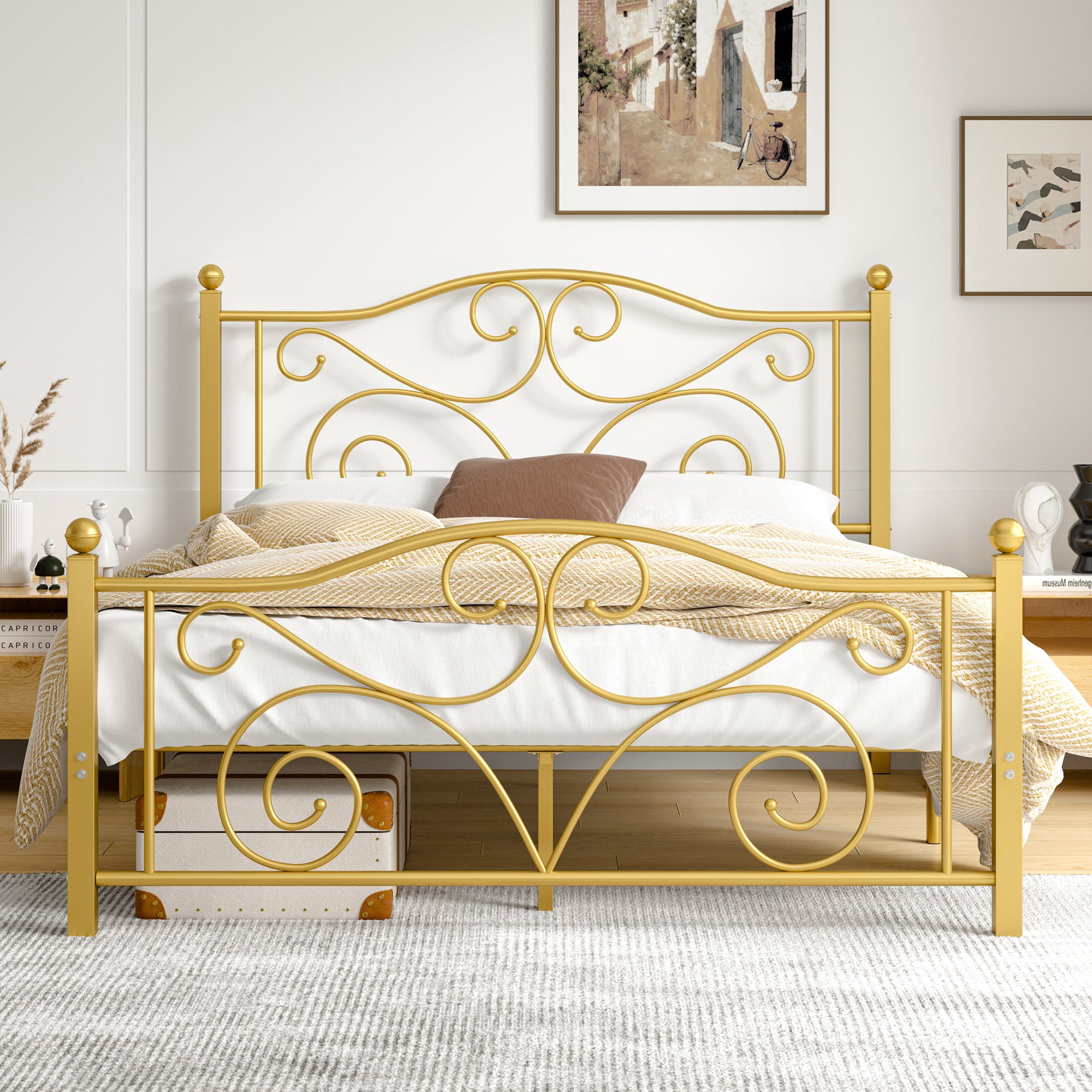 VECELO Queen Size Metal Platform Bed Frame with Arched Headboard and Footboard, Heavy Duty Steel Slat Support, Under-Bed Storage, No Box Spring Needed, Gold