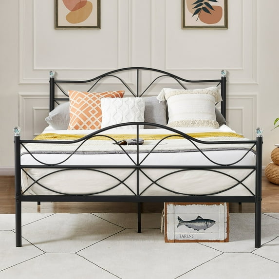 VECELO Queen Size Metal Platform Bed Frame, Mattress Foundation with Vintage Headboard and Footboard, Black