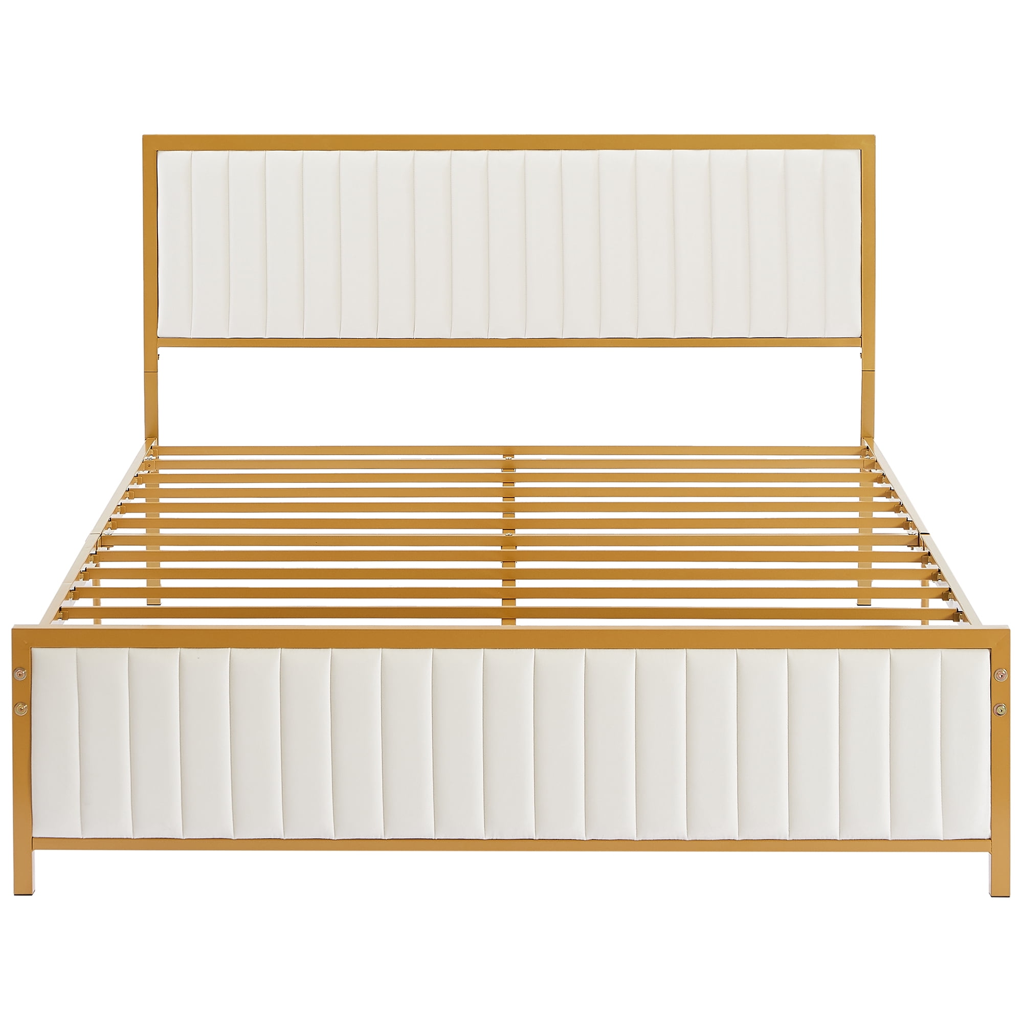 VECELO Queen Size Metal Platform Bed Frame, Modern Upholstered Bed Frame with Velvet Tufted Headboard and Footboard, No Box Spring Needed, Gold & Beige