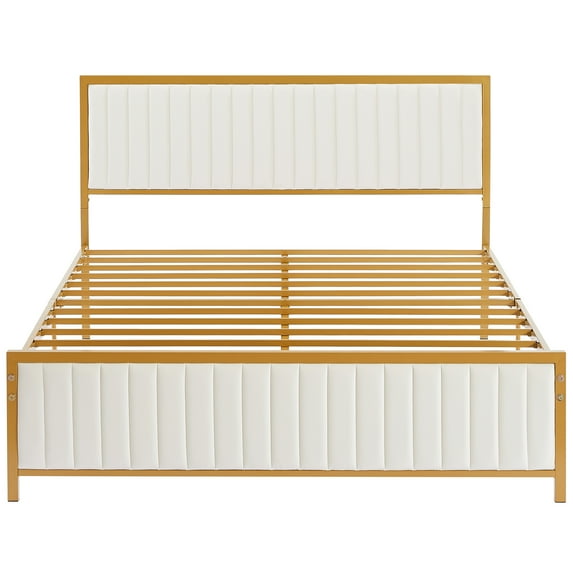 VECELO Queen Size Metal Platform Bed Frame, Modern Upholstered Bed Frame with Velvet Tufted Headboard and Footboard, No Box Spring Needed, Gold & Beige