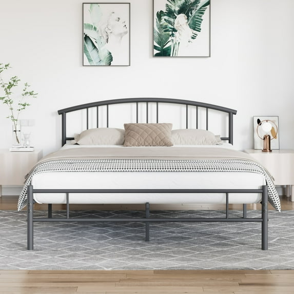 VECELO Queen Size Metal Platform Bed Frame with Curved Headboard, Heavy Duty Steel Slats Support/No Box Spring Needed, Black