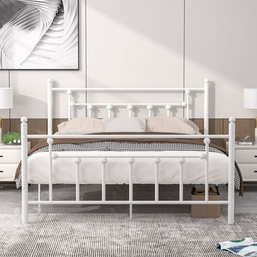 VECELO Victorian Queen Size Metal Platform Bed Frame with Headboard & Footboard, No Box Spring Needed, White