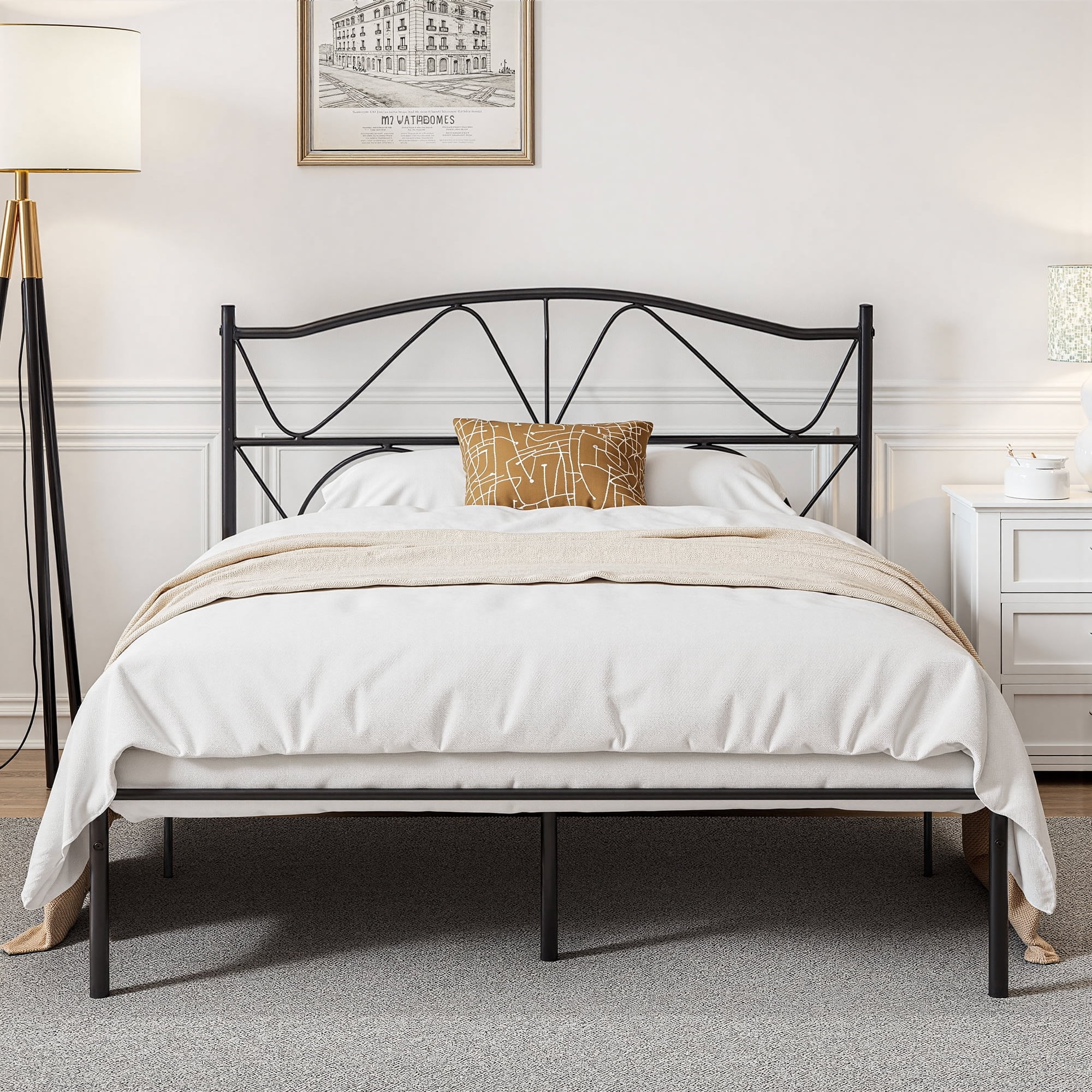VECELO Queen Size Metal Platform Bed Frame with Headboard, Heavy Duty Steel Slats Support/No Box Spring Needed, Black