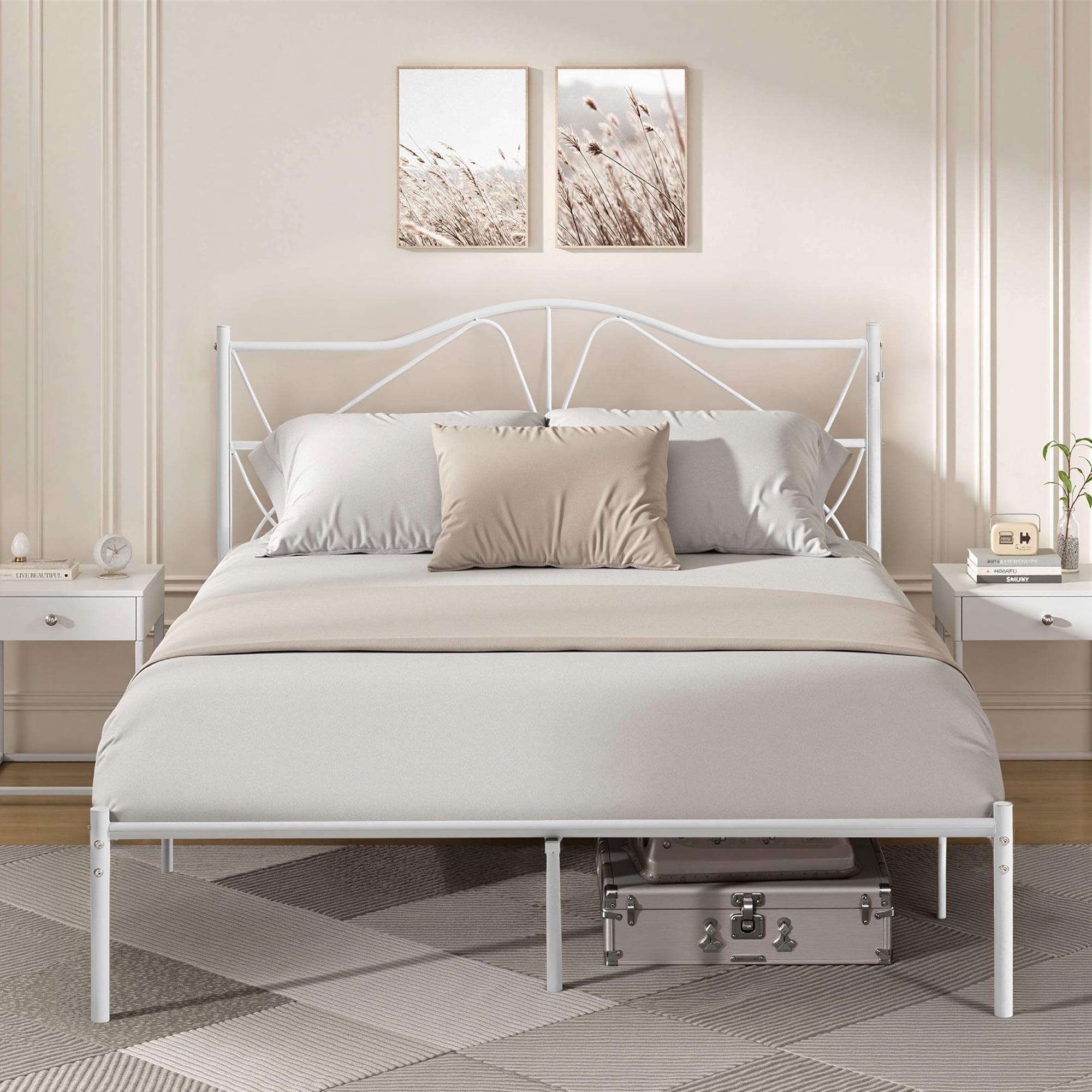 VECELO Queen Size Metal Platform Bed Frame with Headboard, Heavy Duty Steel Slats Support/No Box Spring Needed, White