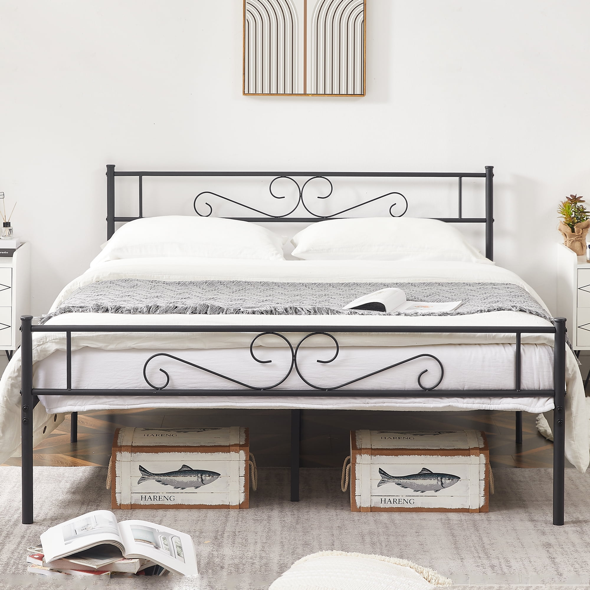 VECELO Queen Size Metal Platform Bed Frame with Headboard and Footboard, No Box Spring Needed/Strong Slat Support, Under Bed Storage, Black