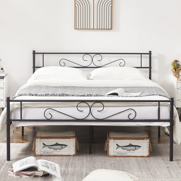 VECELO Queen Size Metal Platform Bed Frame with Headboard and Footboard, No Box Spring Needed/Strong Slat Support, Under Bed Storage, Black