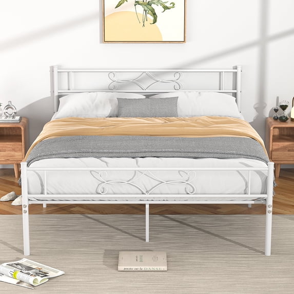 VECELO Queen Size Metal Platform Bed Frame with Headboard and Footboard, Strong Steel Slat Support/No Box Spring Needed, Easy Assembly, White