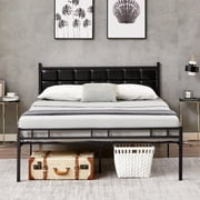 VECELO Queen Size Metal Platform Bed Frame with PU Leather Headboard and Underbed Storage, No Box Spring Needed, Black