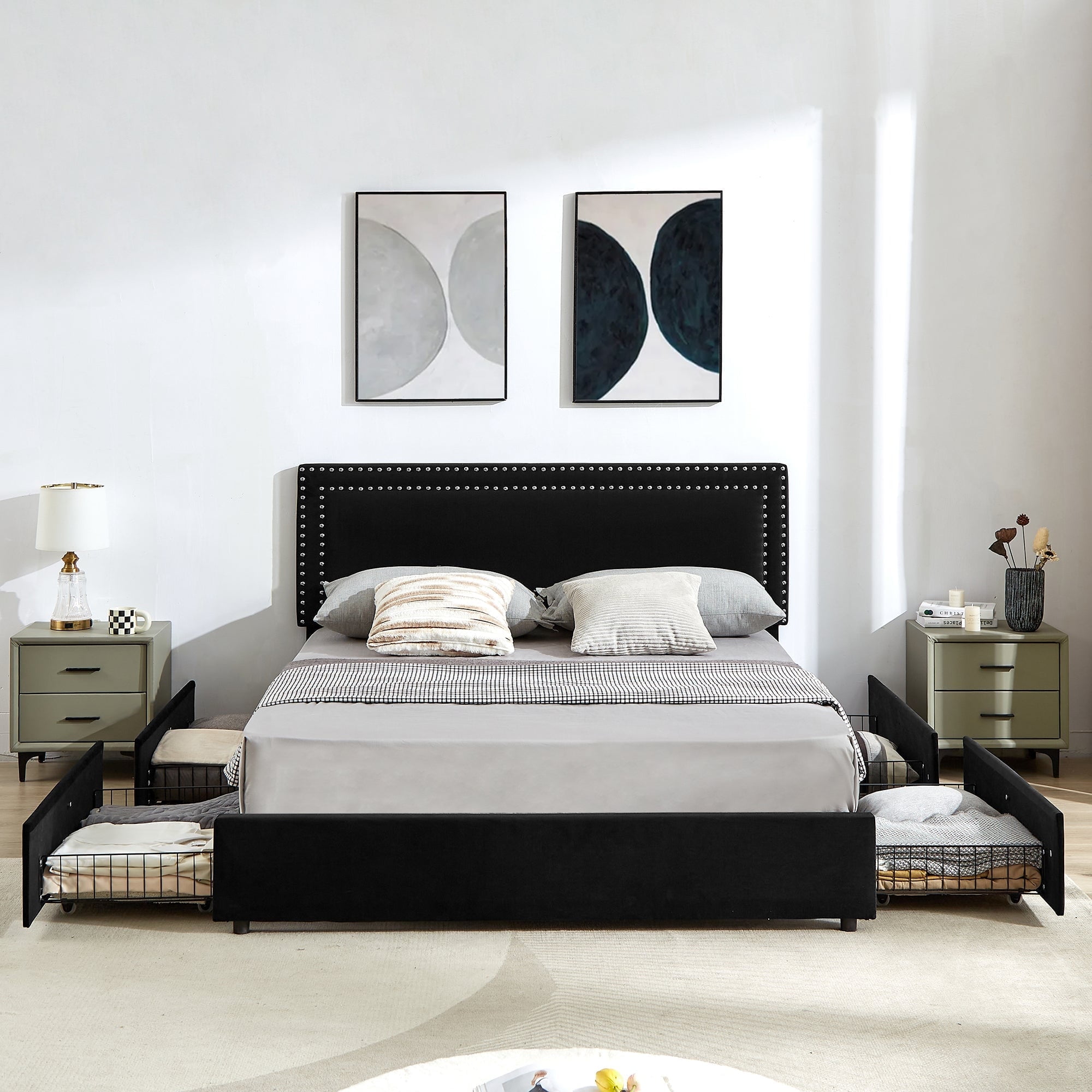 Full size modern platform bed frame with 4 storage drawers in black discount