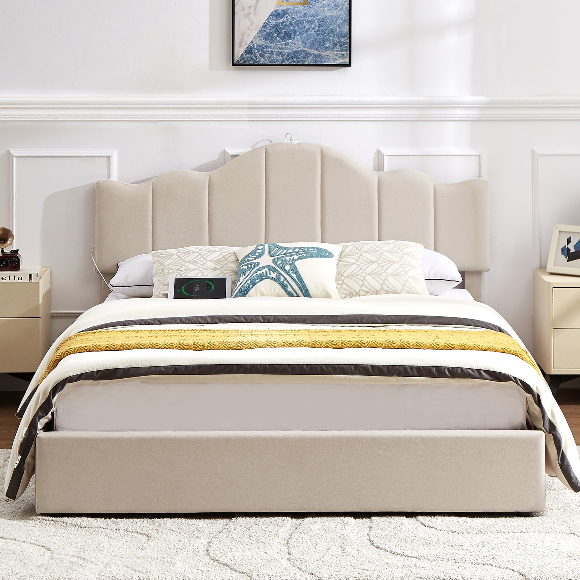 VECELO Queen Size Platform Bed Frame with Charging Station