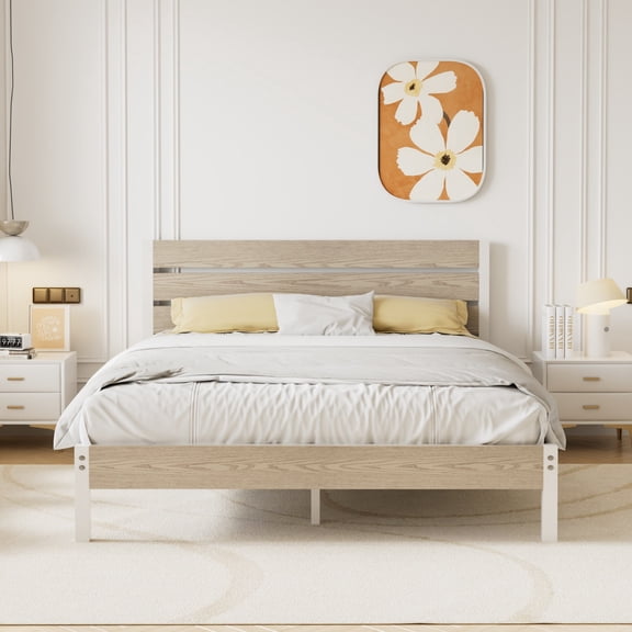 VECELO Queen Size Platform Bed Frame, Metal Bed Frame with Wooden Headboard, Heavy Duty Slats Support, No Box Spring Needed, Under-Bed Storage, Natural Wood
