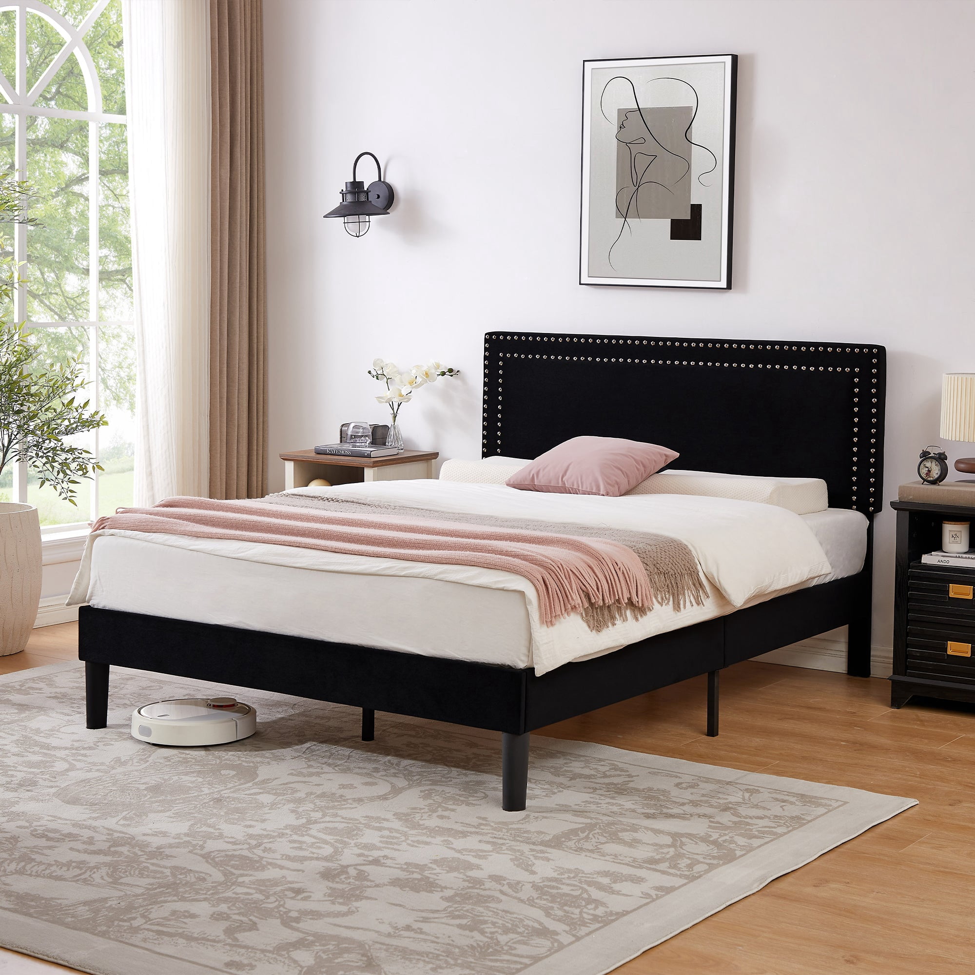 VECELO Queen Size Platform Bed Frame, Modern Upholstered Bed Frame with Adjustable Height & Nailhead Trim Headboard, No Box Spring Needed, Easy Assembly, Black
