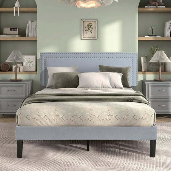 VECELO Queen Size Platform Bed Frame, Modern Upholstered Bed Frame with Adjustable Height & Nailhead Trim Headboard, No Box Spring Needed, Easy Assembly, Light Gray