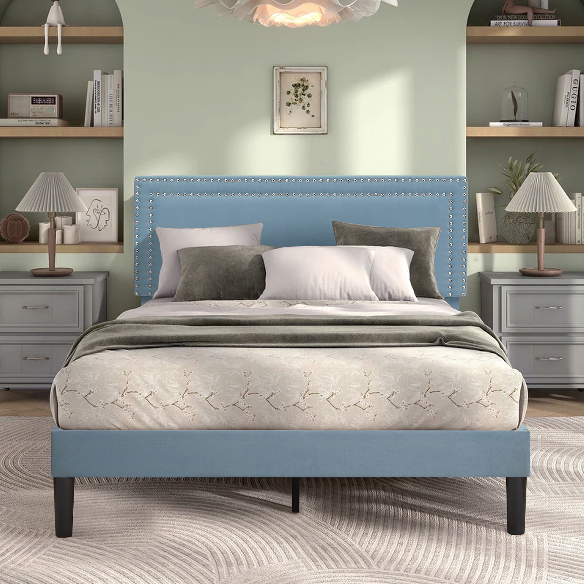 VECELO Queen Size Platform Bed Frame, Modern Upholstered Bed Frame with Adjustable Height & Nailhead Trim Headboard, No Box Spring Needed, Easy Assembly, Light Blue