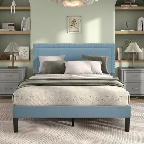VECELO Queen Size Platform Bed Frame, Modern Upholstered Bed Frame with Adjustable Height & Nailhead Trim Headboard, No Box Spring Needed, Easy Assembly, Light Blue