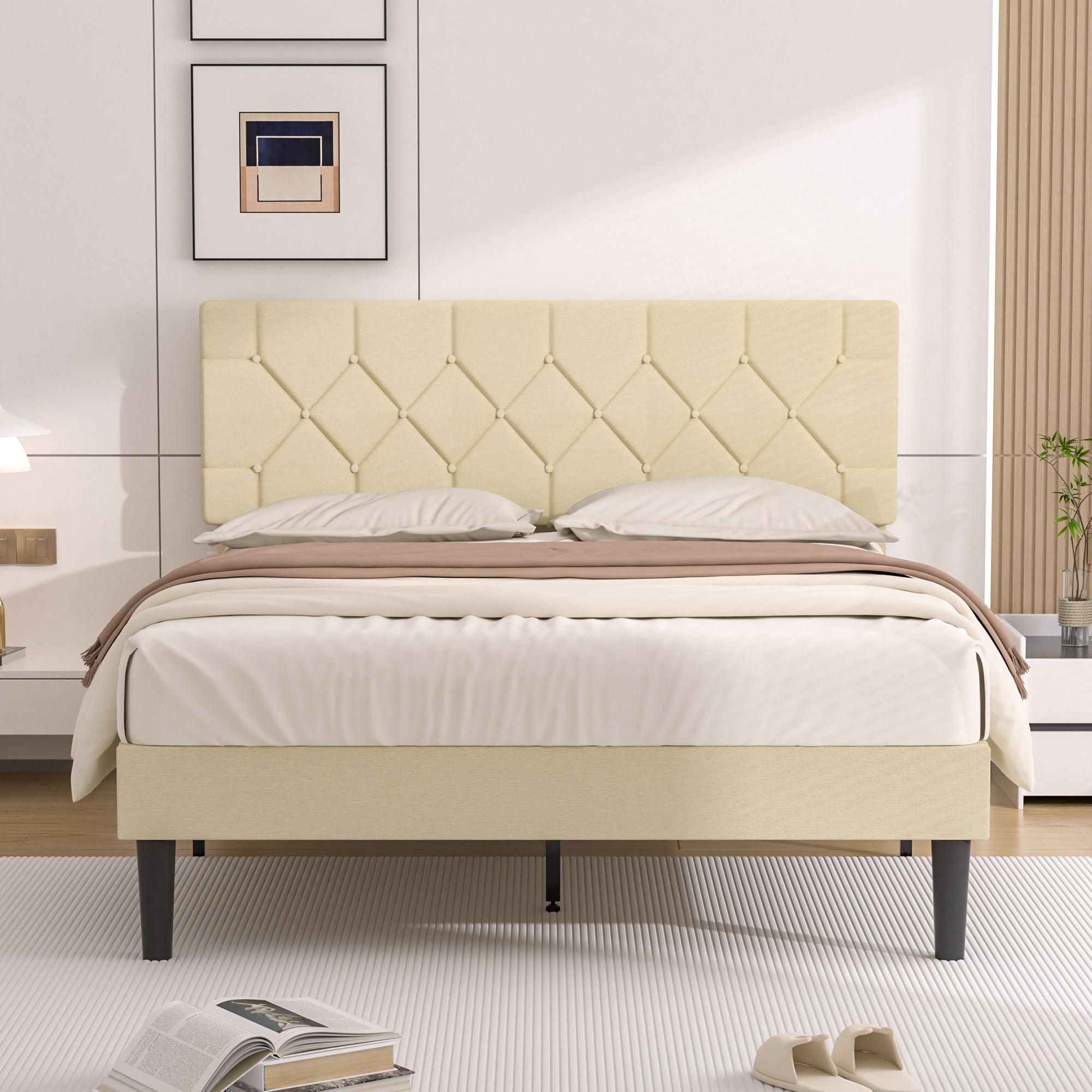 VECELO Queen Size Platform Bed Frame Upholstered Beds with Height-Adjustable Linen Button Tufted Headboard, Bed Frame, Beige