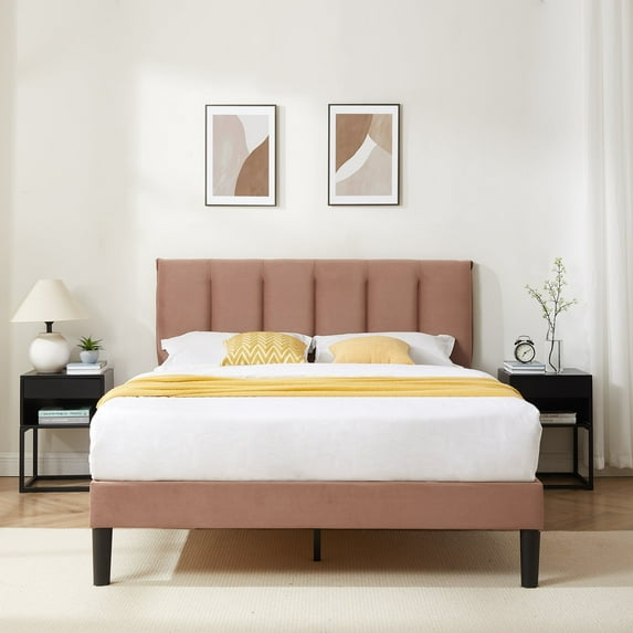 VECELO Queen Size Platform Bed Frame, Velvet Upholstered Bed Frame with Adjustable Headboard, No Box Spring Needed, Easy Assembly, Coffee