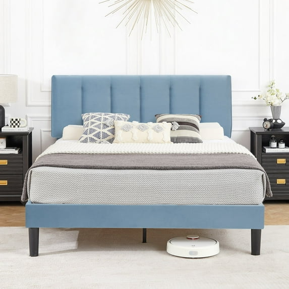 VECELO Queen Size Platform Bed Frame, Velvet Upholstered Bed Frame with Adjustable Headboard, No Box Spring Needed, Easy Assembly, Light Blue