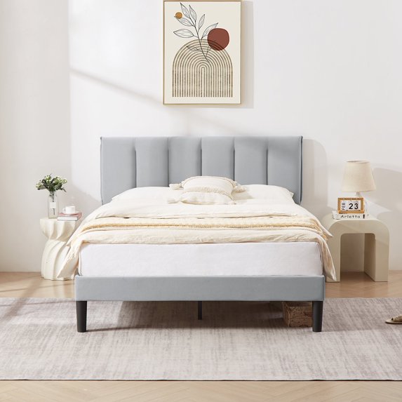 VECELO Queen Size Platform Bed Frame, Velvet Upholstered Bed Frame with Adjustable Headboard, No Box Spring Needed, Easy Assembly, Light Gray