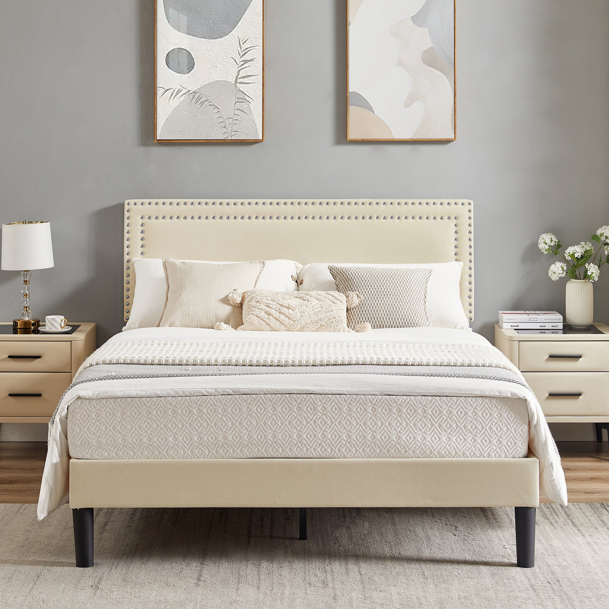 VECELO Queen Size Platform Bed Frame with Adjustable Height Upholstered Headboard, Strong Wood Slat Support, No Box Spring Needed, Beige