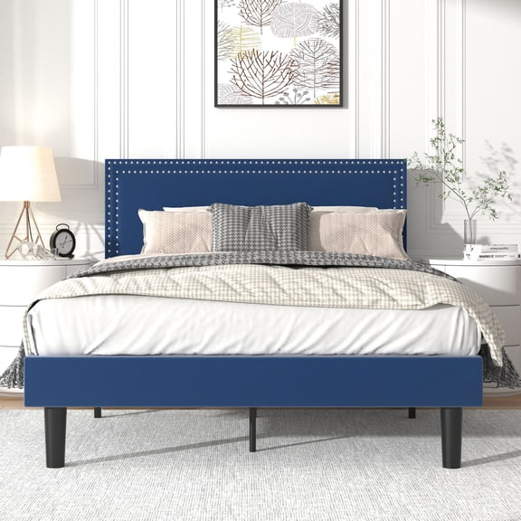 VECELO Queen Size Platform Bed Frame with Adjustable Height Upholstered Headboard, Strong Wood Slat Support, No Box Spring Needed, Dark Blue