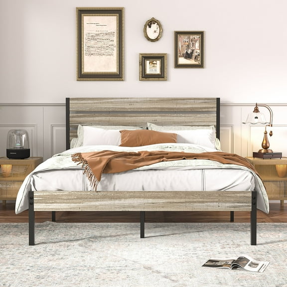VECELO Queen Size Platform Bed Frame with Wooden Headboard, Rustic Country Style Mattress Foundation, No Box Spring Needed, Slate
