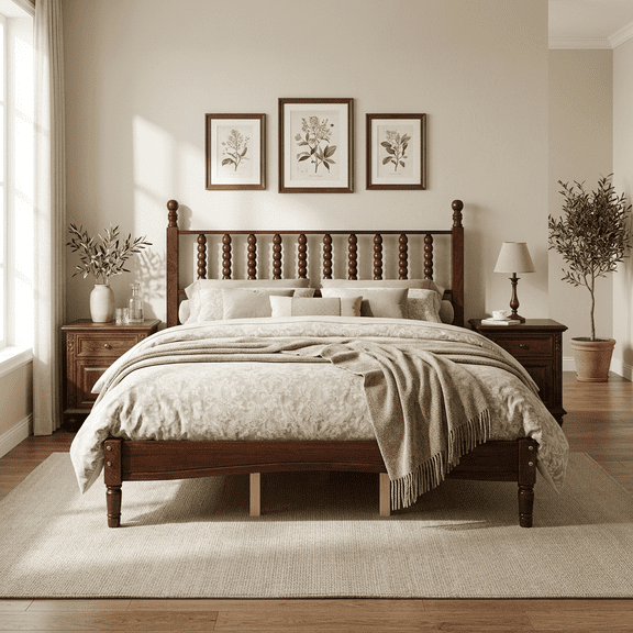 VECELO Queen Size Spindle Bed Frame, Classic Windsor Style Platform Bed with Wood Slats and Headboard, No Box Spring Needed, Easy Assembly, Walnut