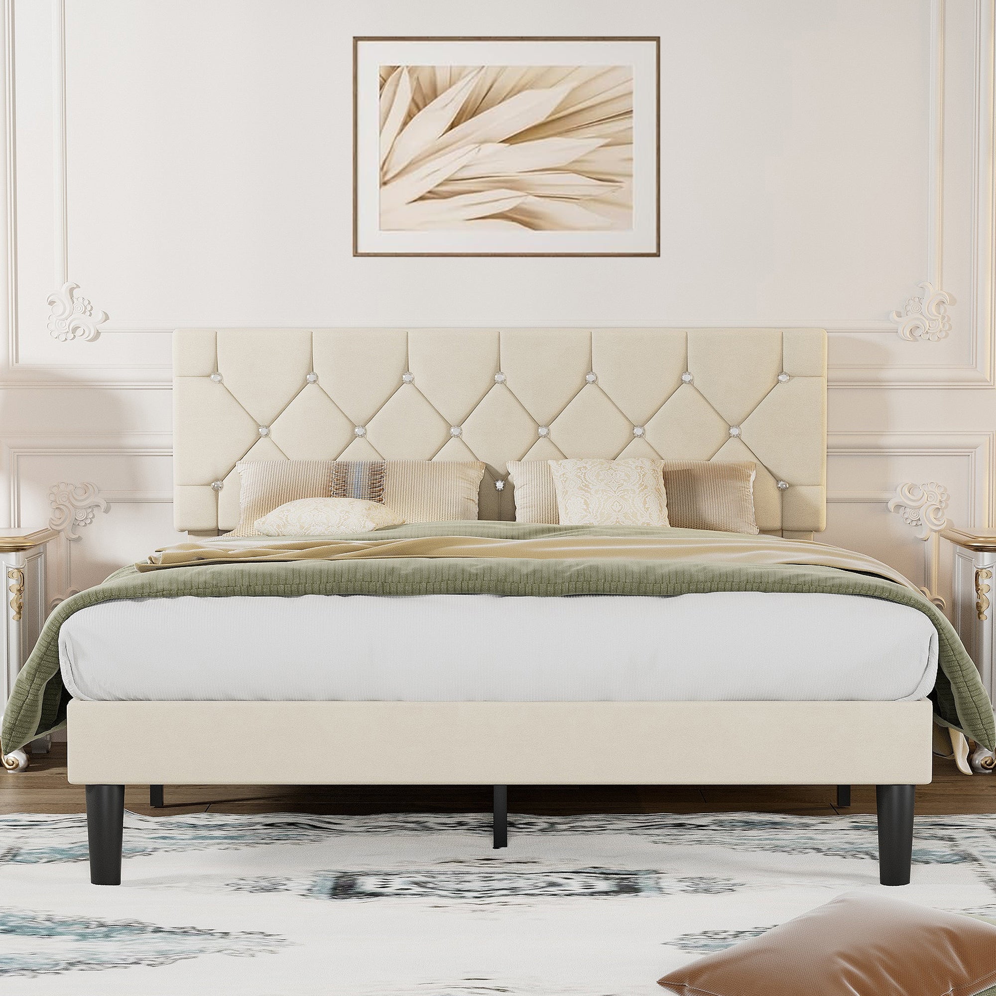 VECELO Queen Size Upholstered Bed Frame, Modern Platform Bed Frame with Diamond Tufted Headboard, No Box Spring Needed, Easy Assembly, Beige