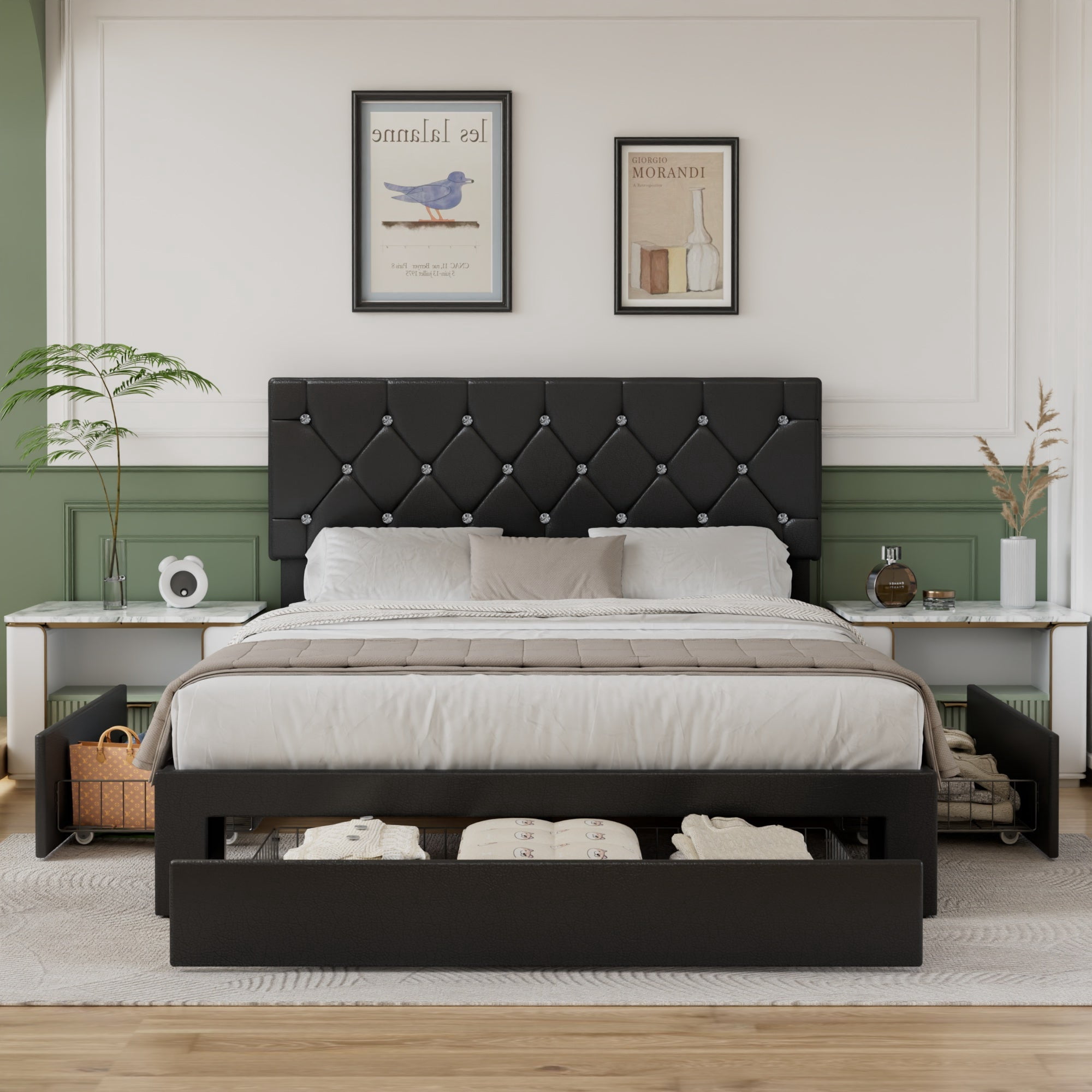 VECELO Queen Size Upholstered Bed Frame with 3 Drawers & Adjustable Headboard, Under Bed Storage, Black