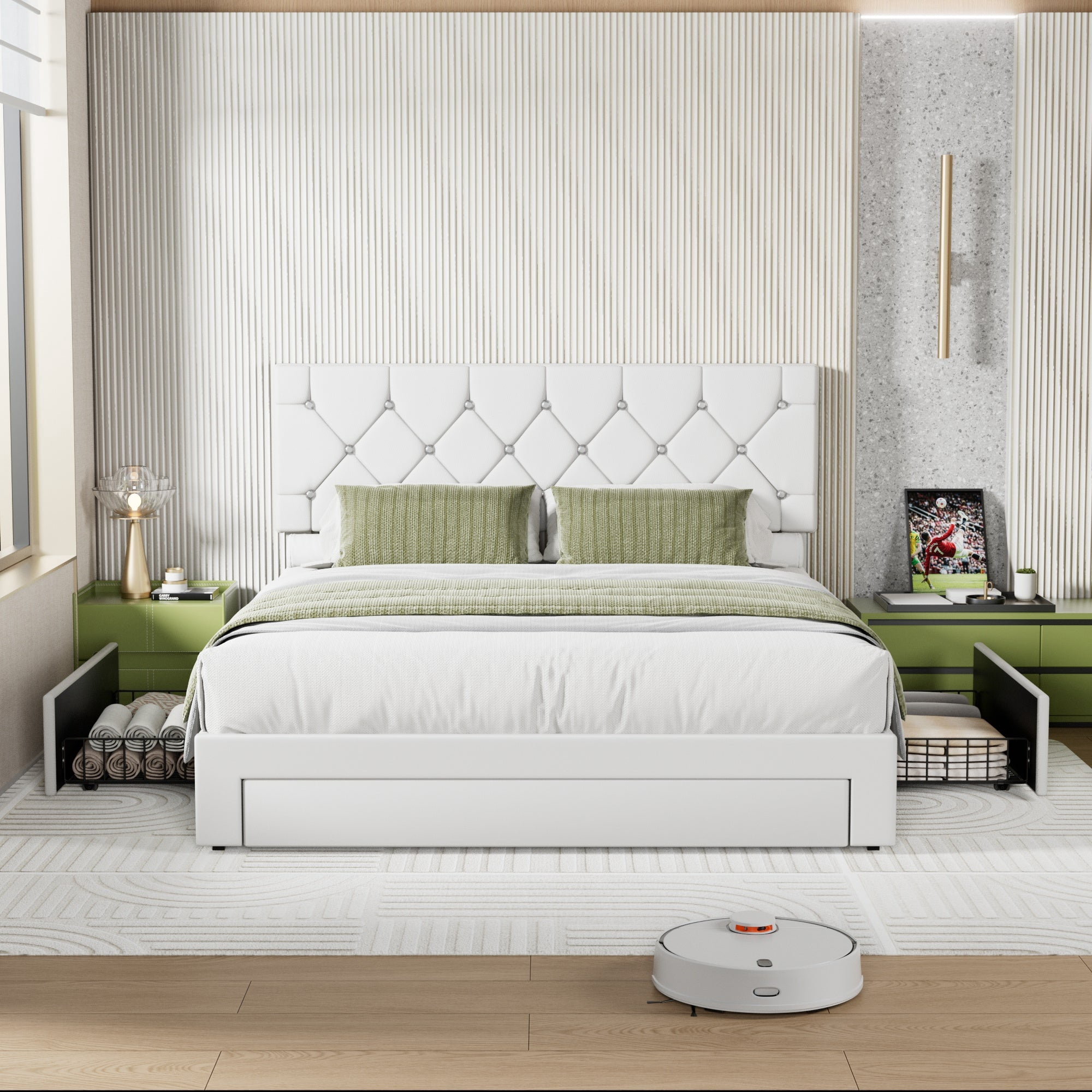 VECELO Queen Size Upholstered Bed Frame with Drawer & Adjustable ...