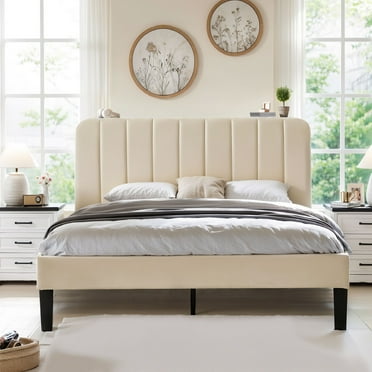 VECELO Queen Size Upholstered Beds, Modern Platform Bed Frame with Adjustable Headboard, Wooden Slats Support/No Box Spring Needed, Beige