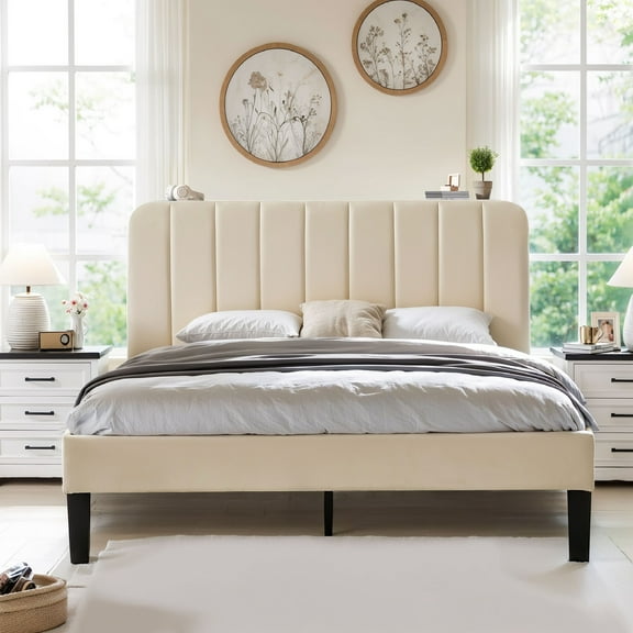 VECELO Queen Size Upholstered Beds, Modern Platform Bed Frame with Adjustable Headboard, Wooden Slats Support/No Box Spring Needed, Beige