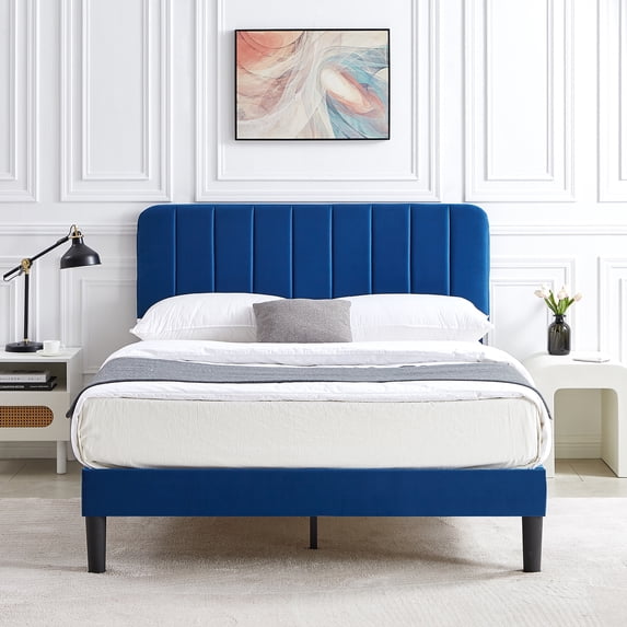VECELO Queen Size Upholstered Beds, Modern Platform Bed Frame with Adjustable Headboard, Wooden Slats Support/No Box Spring Needed, Dark Blue