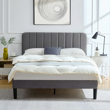 VECELO Queen Size Upholstered Beds, Modern Platform Bed Frame with Adjustable Headboard, Wooden Slats Support/No Box Spring Needed, Dark Gray