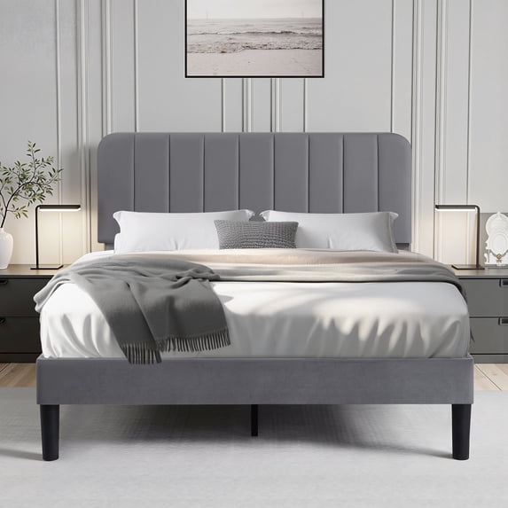 VECELO Queen Size Upholstered Beds, Modern Platform Bed Frame with Adjustable Headboard, Wooden Slats Support/No Box Spring Needed, Dark Gray