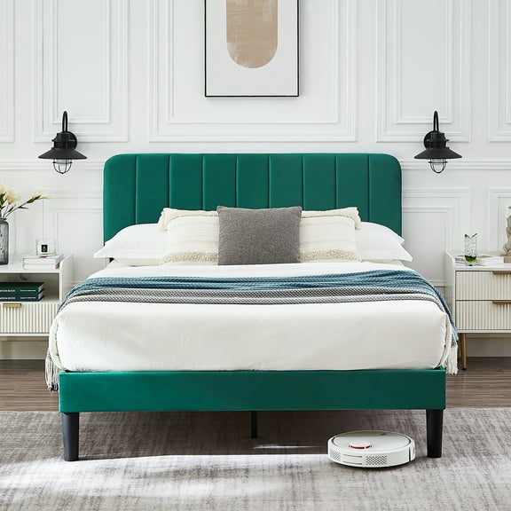 VECELO Queen Size Upholstered Beds, Modern Platform Bed Frame with Adjustable Headboard, Wooden Slats Support/No Box Spring Needed, Dark Green
