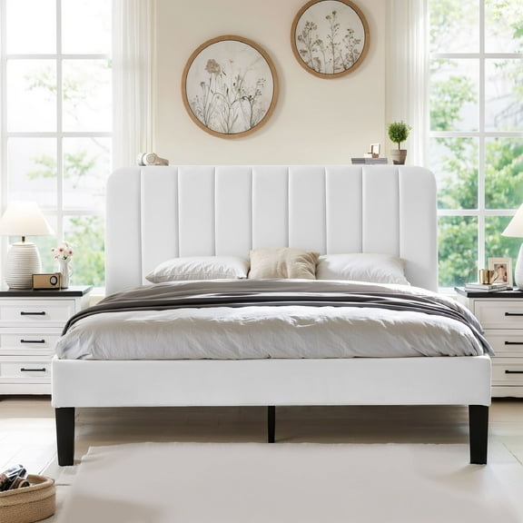 VECELO Queen Size Upholstered Beds, Modern Platform Bed Frame with Adjustable Headboard, Wooden Slats Support/No Box Spring Needed, White