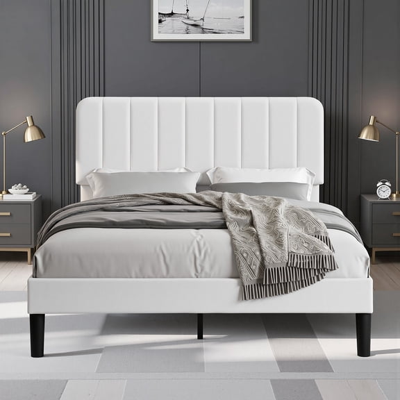 VECELO Queen Size Upholstered Beds, Modern Platform Bed Frame with Adjustable Headboard, Wooden Slats Support/No Box Spring Needed, White