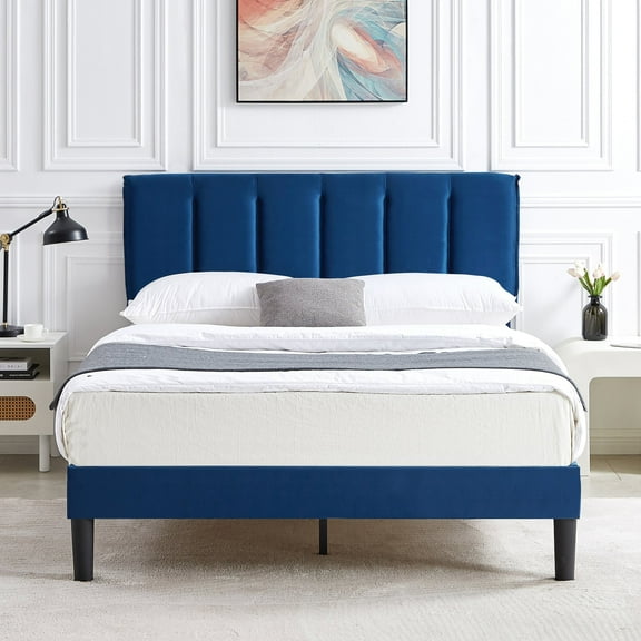VECELO Queen Size Upholstered Platform Bed Frame, Adjustable Headboard and Wooden Slats Support, No Box Spring Needed/Easy Assembly, Dark Blue