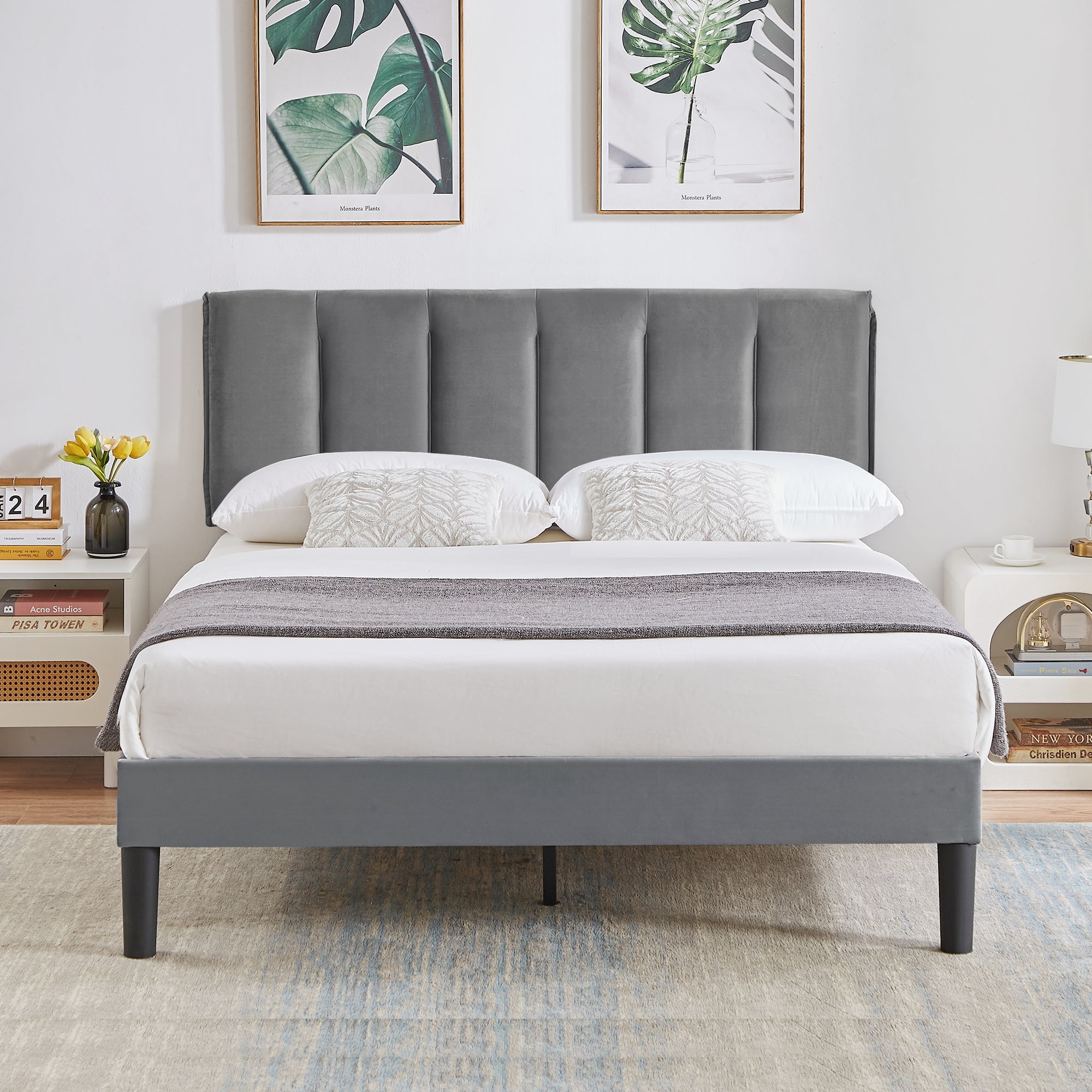 VECELO Queen Size Upholstered Platform Bed Frame, Adjustable Headboard ...