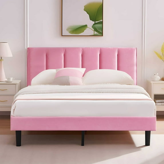 VECELO Queen Size Upholstered Platform Bed Frame, Adjustable Headboard and Wooden Slats Support, No Box Spring Needed/Easy Assembly, Pink
