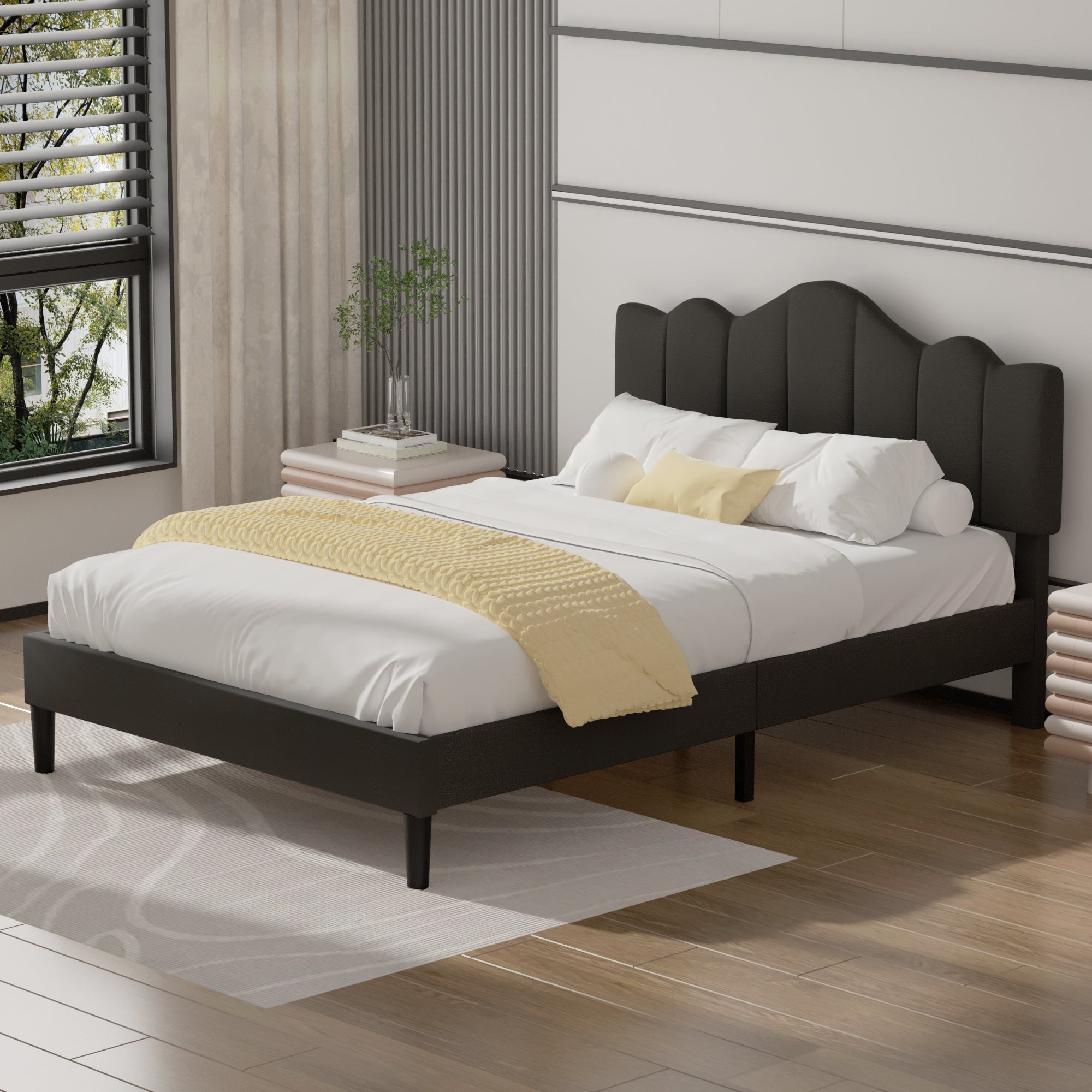VECELO Queen Size Upholstered Platform Bed Frame with Adjustable Headboard, No Box Spring Needed, Easy Assembly, Dark Gray